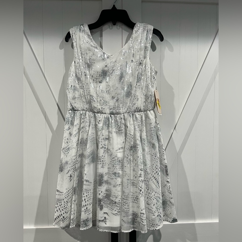 Girls white and silver formal style dress with V neck front and back